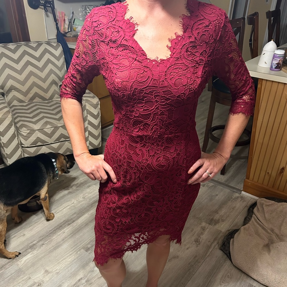 Red lace cut out back dress